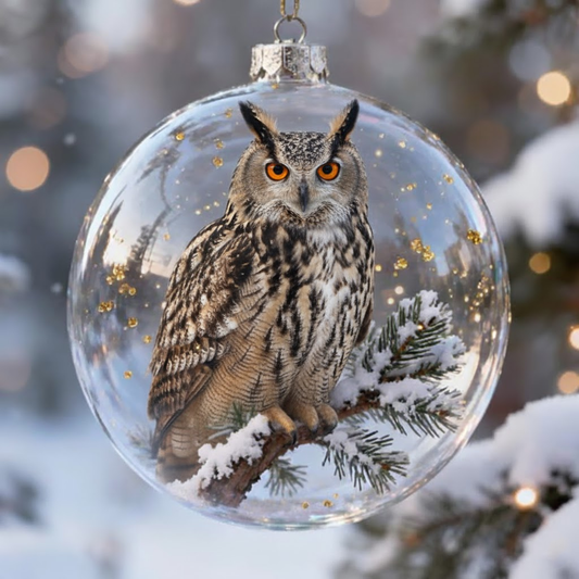 🦉 Great Horned Owl Christmas Ornament – Mystical Forest Bird Glass Ornament