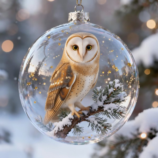 🦉 Barn Owl Christmas Ornament – Magical Winter Bird Glass Bauble Decoration