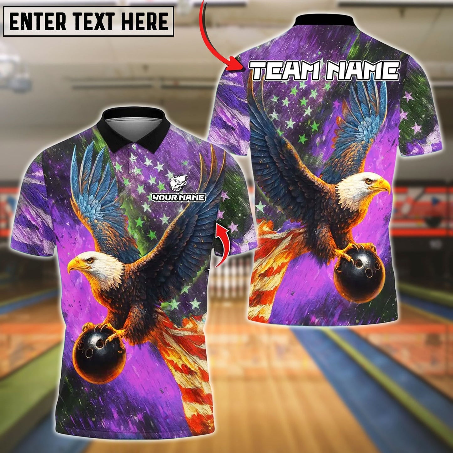 Bowling And Pins Sky Eagle US Flag Customized Name, Team Name 3D Shirt (4 Colors)