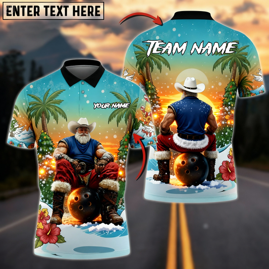 Cowboy Santa Sunset Bowling Polo — Island Christmas Theme — Personalized