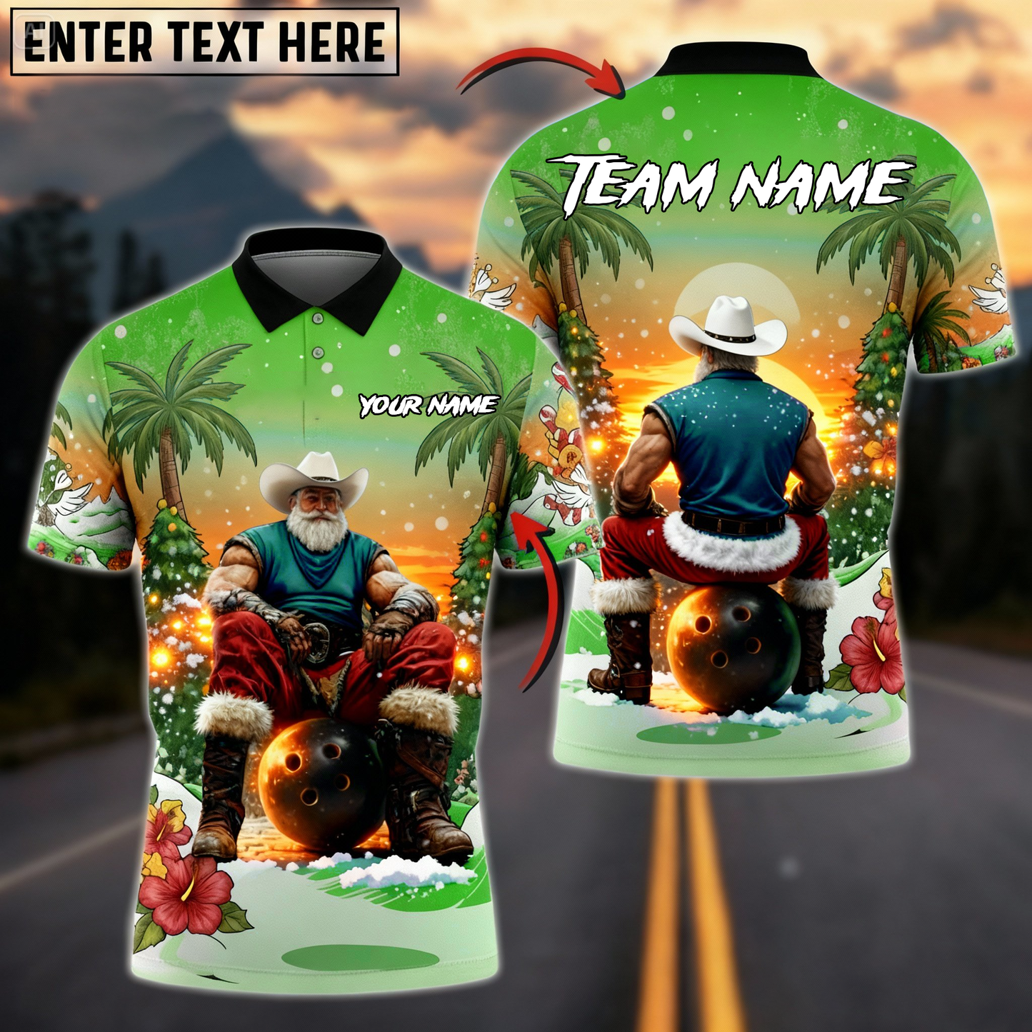 Cowboy Santa Sunset Bowling Polo — Island Christmas Theme — Personalized