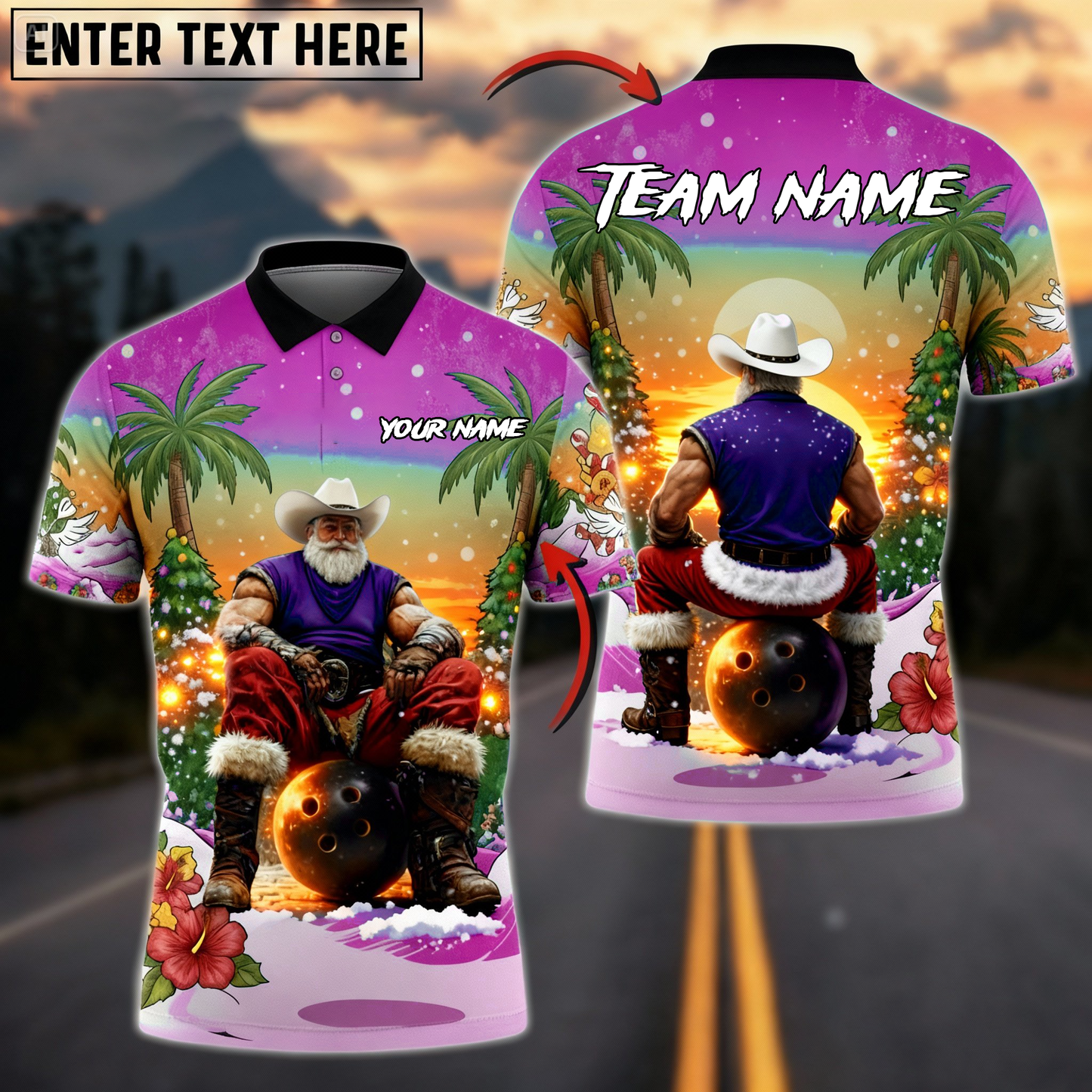 Cowboy Santa Sunset Bowling Polo — Island Christmas Theme — Personalized