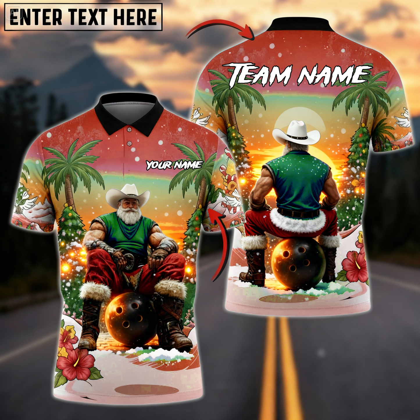 Cowboy Santa Sunset Bowling Polo — Island Christmas Theme — Personalized