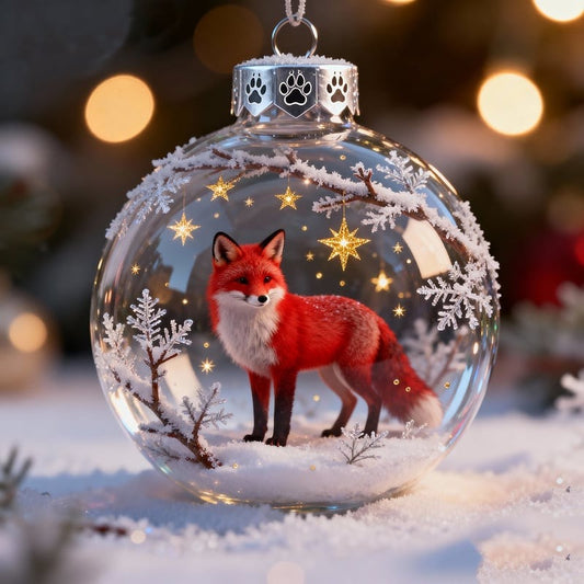 Red Fox Winter Glass Ornament — Snowy Woodland Bauble — Custom Name