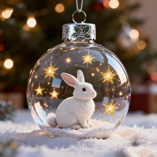 White Bunny Snow-Globe Glass Ornament — Starlit Christmas Bauble — Custom