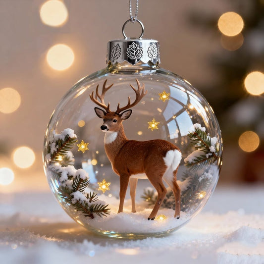 Woodland Deer Glass Ornament — Pine & Snow Christmas Bauble — Personalized