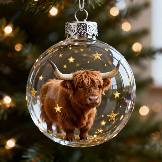 Highland Cow Glass Bauble Ornament — Starry Christmas Keepsake — Personalized
