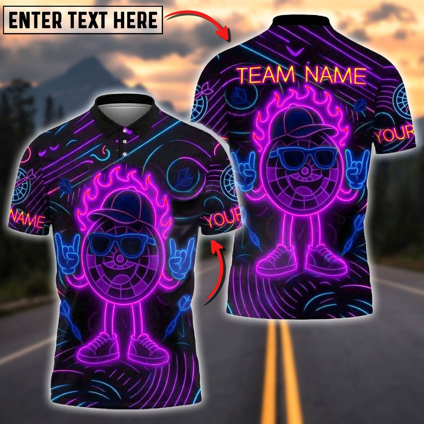 Darts Rock n' Roll Flaming Neon Cool Design Customized Name, Team Name 3D Shirt (4 Colors)