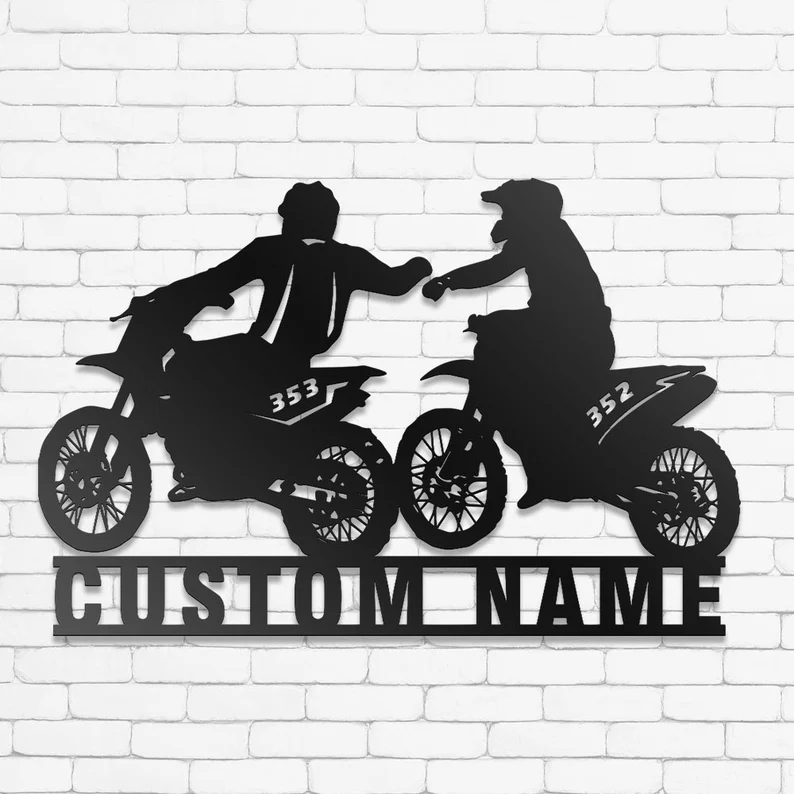Custom Couple Biker Metal Wall Art -Personalized Dirt Bike Name Sign Decoration, Motorcycle Home Decor Motocross Rider