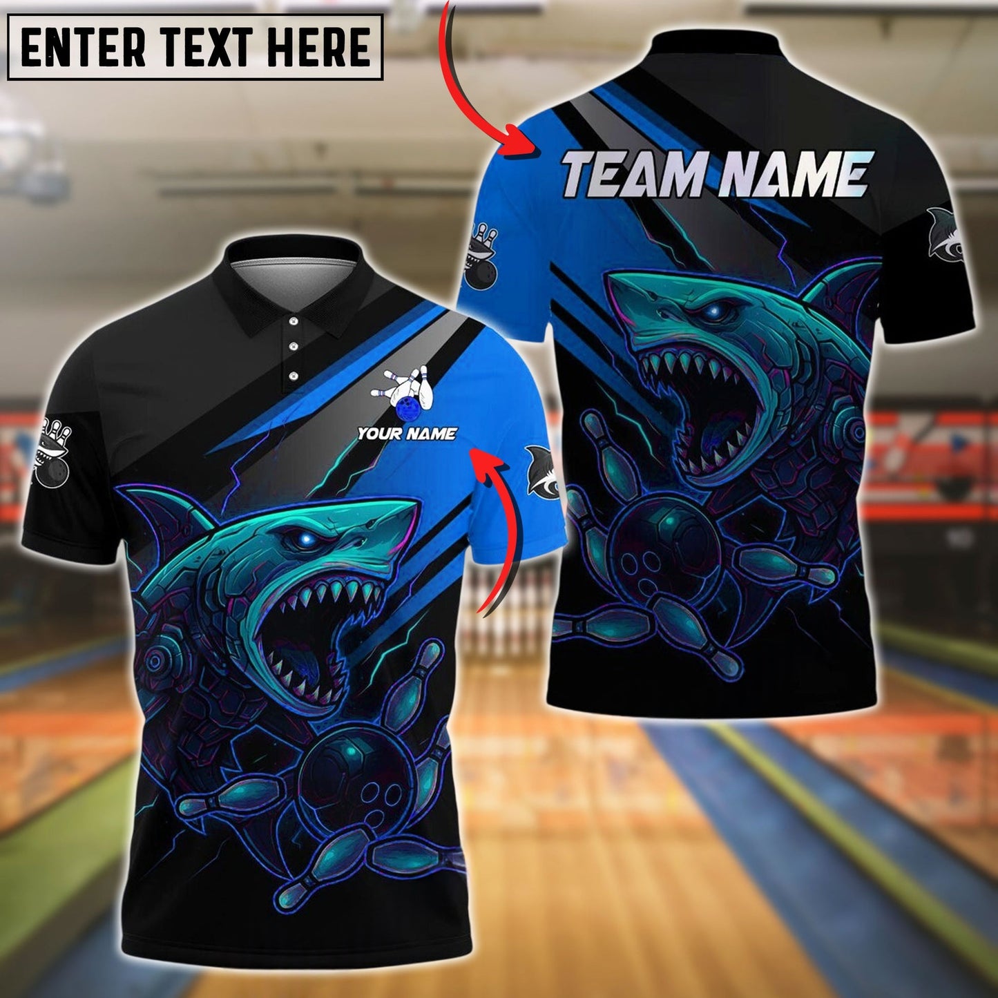 Bowling And Pins Cyborg Shark Customized Name, Team Name 3D Shirt (4 Colors)