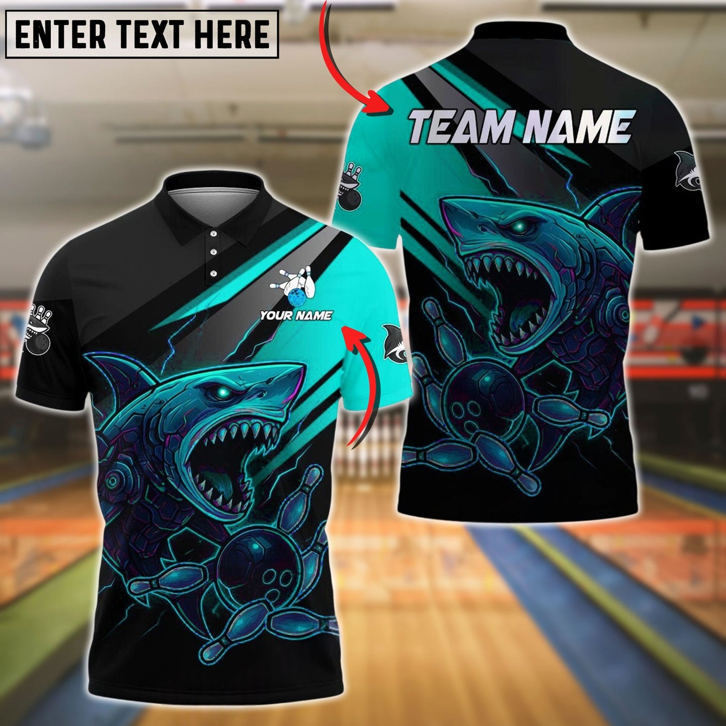 Bowling And Pins Cyborg Shark Customized Name, Team Name 3D Shirt (4 Colors)