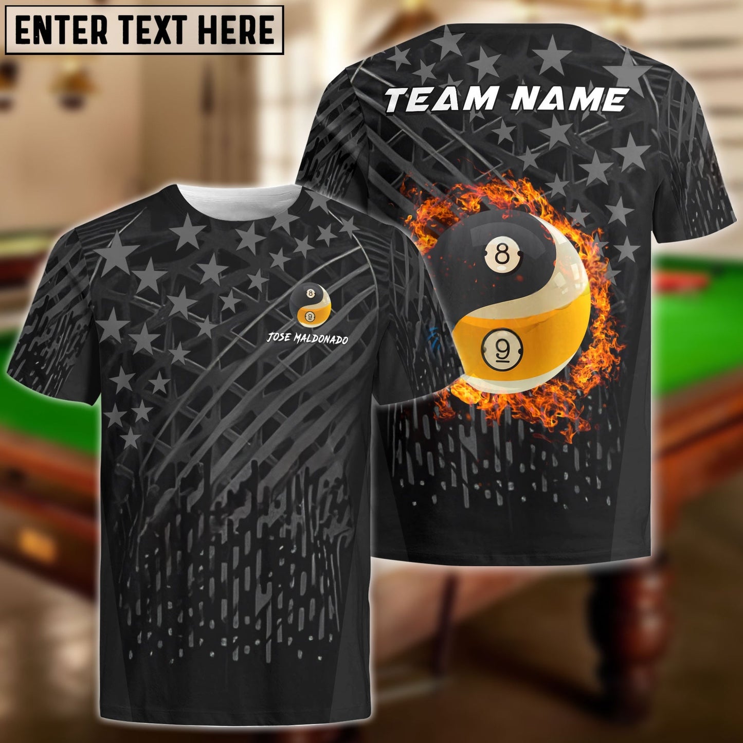 Billiards Ball 8 & 9 Fire Black US Flag Customized Name, Team Name 3D Shirt