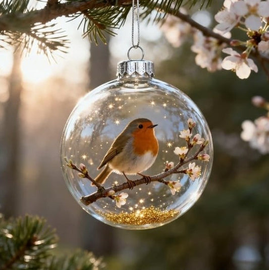Robin on Blossom Branch Glass Christmas Bauble