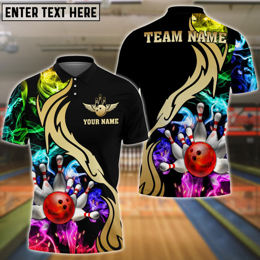 Bowling And Pins Black Multicolor Golden Smoke Pattern Personalized Name, Team Name Unisex Shirt