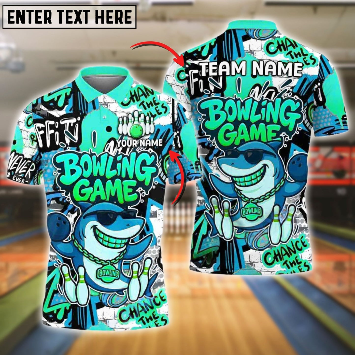 Bowling Funny Shark Graffiti Style Customized Name, Team Name 3D Shirt (4 Colors)