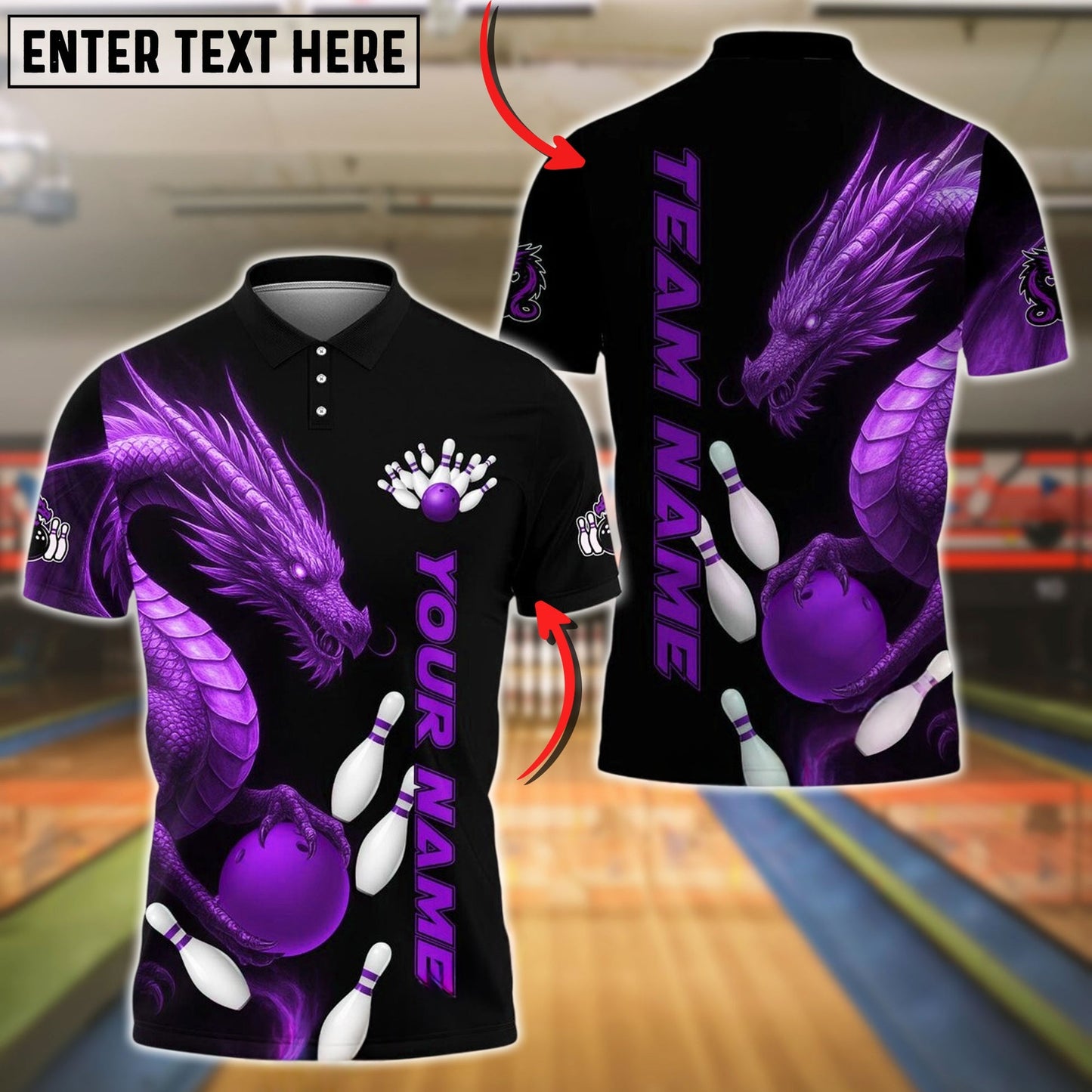 Bowling And Pins Dragon Black Design Customized Name, Team Name 3D Shirt (4 Colors)