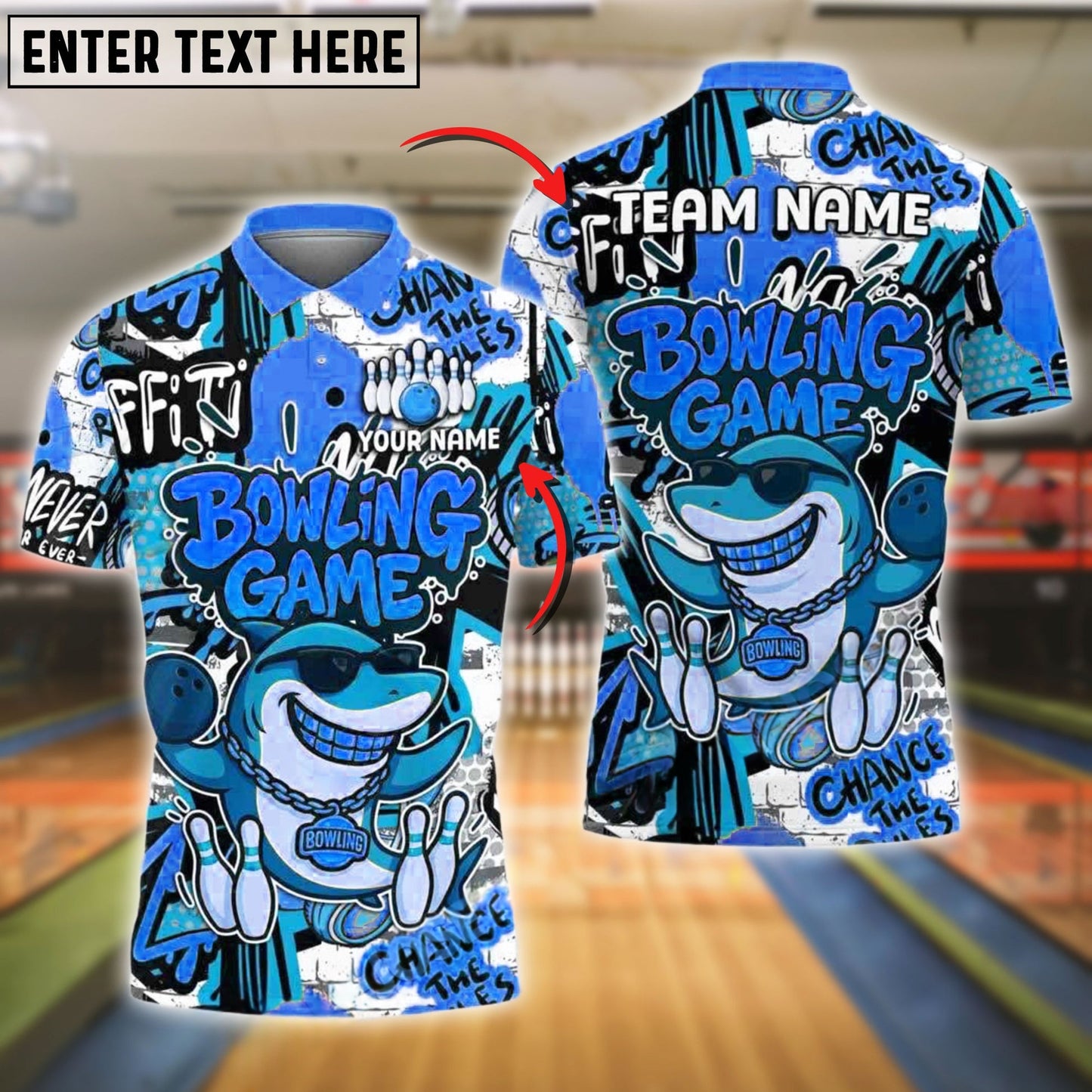 Bowling Funny Shark Graffiti Style Customized Name, Team Name 3D Shirt (4 Colors)