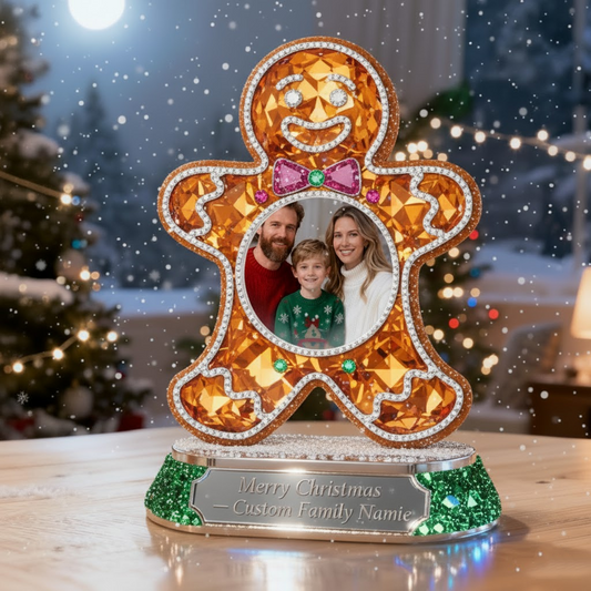 🍪 Gingerbread Man Christmas Ornament – Custom Family Photo & Name Keepsake