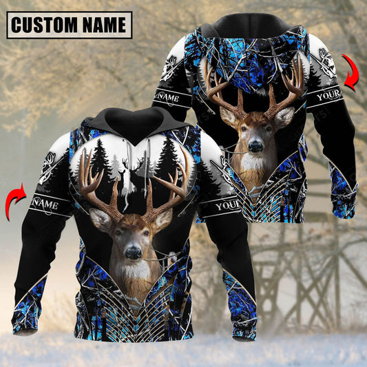 Personalized Name Deer Hunting Forest Pattern 3D Shirts (Blue)