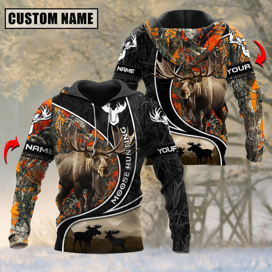 Customized Name Orange Camo Pattern Moose Hunting 3D Shirt