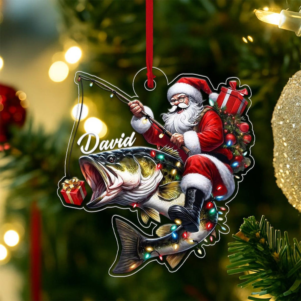 Custom Name Santa Fishing Acrylic Ornament – Custom Name Christmas Tree Decoration, Gift for Fishingman