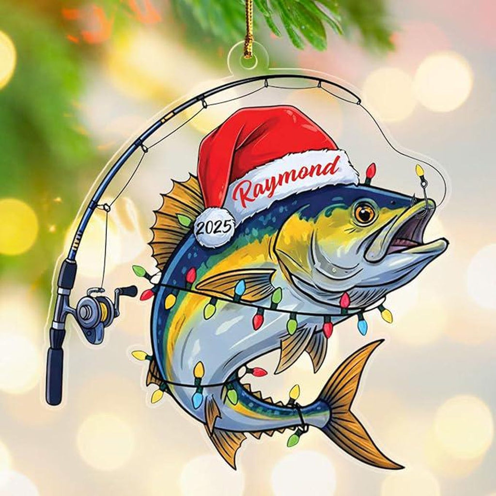 Personalized Fishing Ornament, Custom Name and Year Fish Shaped Xmas Tree Decor, Unique Christmas Gift for Family or Fishing Lovers