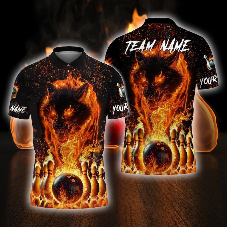 Custom Bowling Team T-Shirt, Blue Flame Wolf Polo, Personalized Bowling Jersey for Men & Women,Personalized Name Team 3D Shirt, Gift For Man