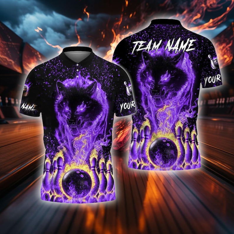 Custom Bowling Team T-Shirt, Blue Flame Wolf Polo, Personalized Bowling Jersey for Men & Women,Personalized Name Team 3D Shirt, Gift For Man