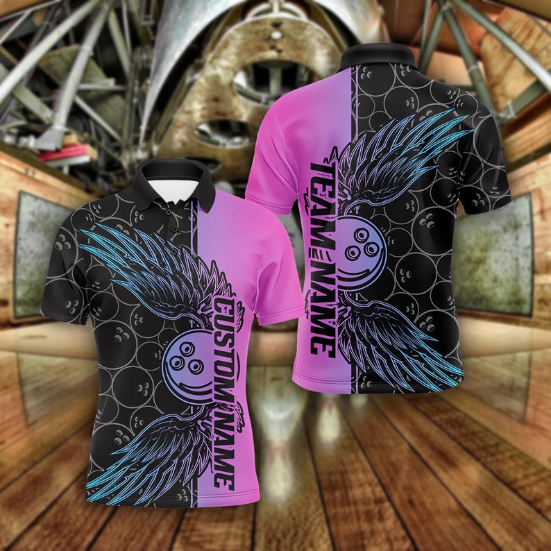 Custom Bowling Team Shirt, Polo, Pink & Black Winged Ball Design, Personalized Bowling Shirt for Men, Women, Custom Name Team, Gift For Man