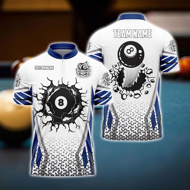 Personalized 8 Ball Billiards Polo Shirt, Custom Pool Jersey with Team Name, Pro Style League Uniform, Colorful Gift for Dad or Player.