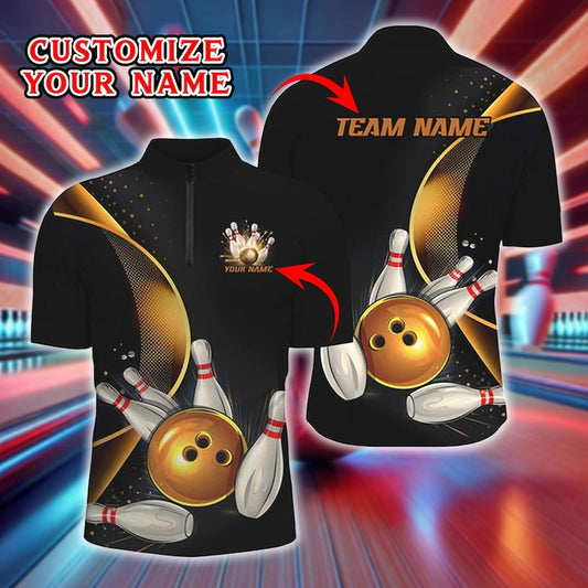 Custom Bowling Polo Shirt, Personalized Name and Team Jersey, Gold Bowling Ball Design, Bowling Team Uniform, Tournament Polo, Gift For Dad.