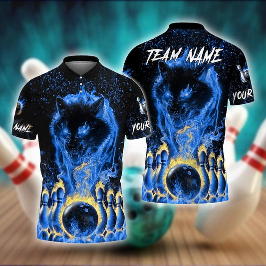 Custom Bowling Team T-Shirt, Blue Flame Wolf Polo, Personalized Bowling Jersey for Men & Women,Personalized Name Team 3D Shirt, Gift For Man