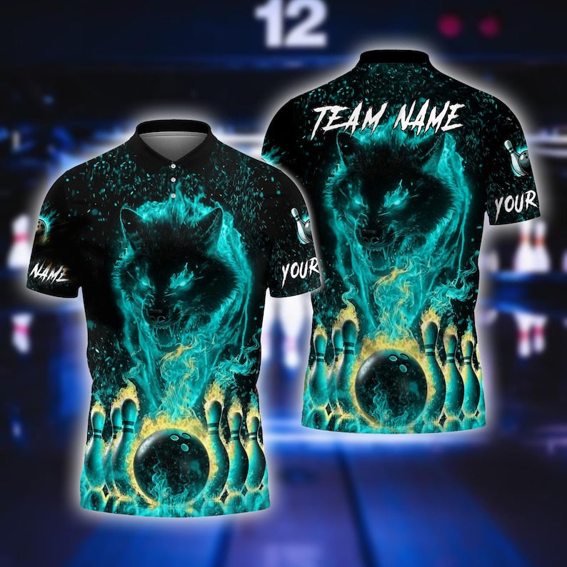 Custom Bowling Team T-Shirt, Blue Flame Wolf Polo, Personalized Bowling Jersey for Men & Women,Personalized Name Team 3D Shirt, Gift For Man