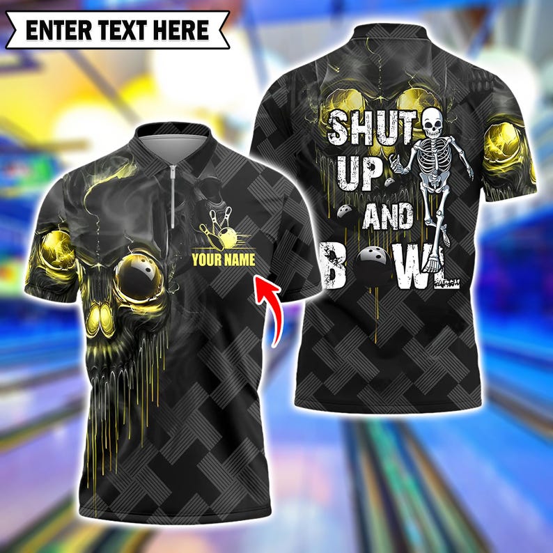 Personalized Skull Bowling Polo, Shut Up and Bowl Skeleton Design, Custom Team Name Jersey, Halloween Bowler Shirt for Men & Women.