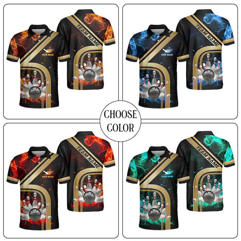 Personalized Bowling Team Polo, Ball & Pins Water And Flame Design, Multicolor 3D Jersey with Custom Name And Team, Gift for Dad.