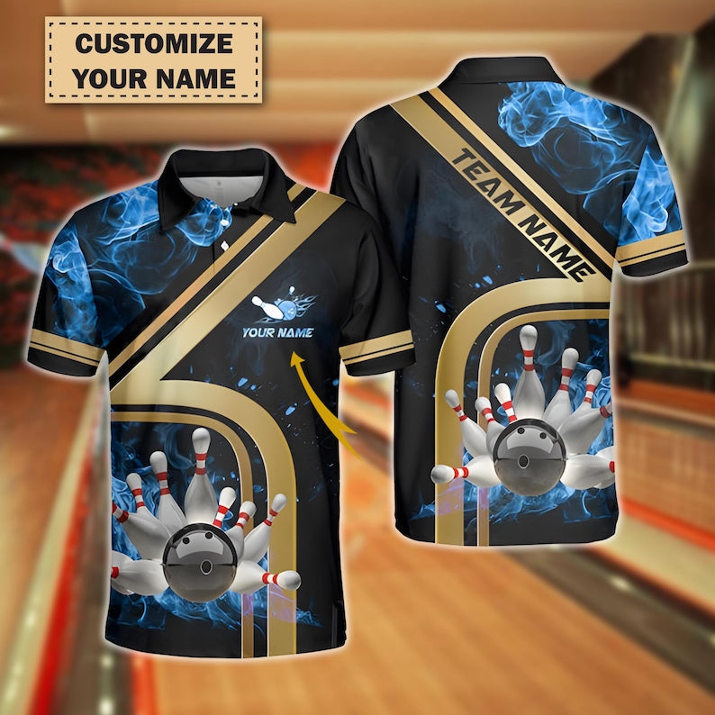 Personalized Bowling Team Polo, Ball & Pins Water And Flame Design, Multicolor 3D Jersey with Custom Name And Team, Gift for Dad.