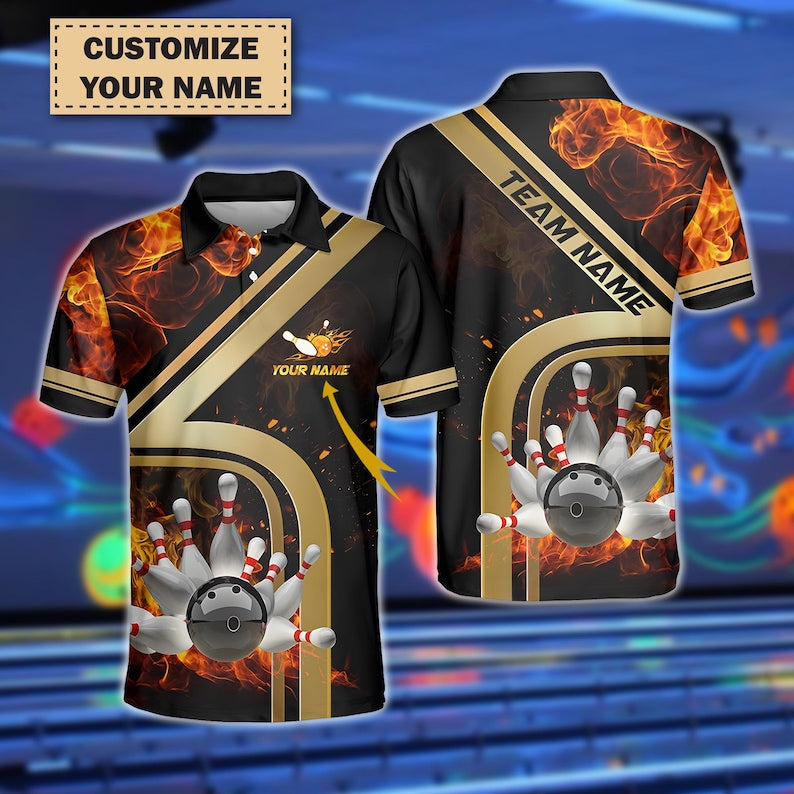 Personalized Bowling Team Polo, Ball & Pins Water And Flame Design, Multicolor 3D Jersey with Custom Name And Team, Gift for Dad.