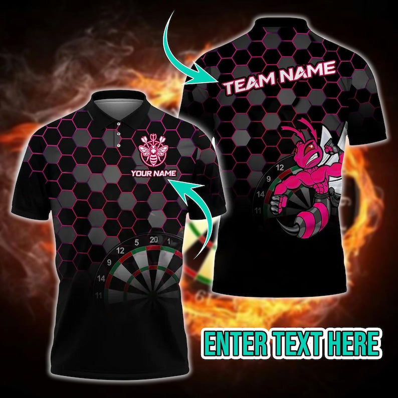 Fighting Bee Darts Polo Shirt With Custom Name, 3D Style Sportswear For Gift Or Tournament, Personalized Shirt For Men Or Team Players.