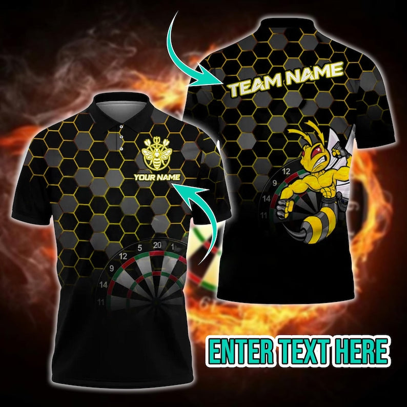 Fighting Bee Darts Polo Shirt With Custom Name, 3D Style Sportswear For Gift Or Tournament, Personalized Shirt For Men Or Team Players.