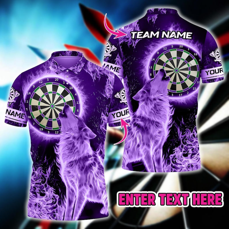 Fire Moonlight Wolf 3D Darts Jersey With Custom Name & Team, Bold Graphic Sportswear For Gift Or Match Day, Shirt For Men Or Dart Teams.
