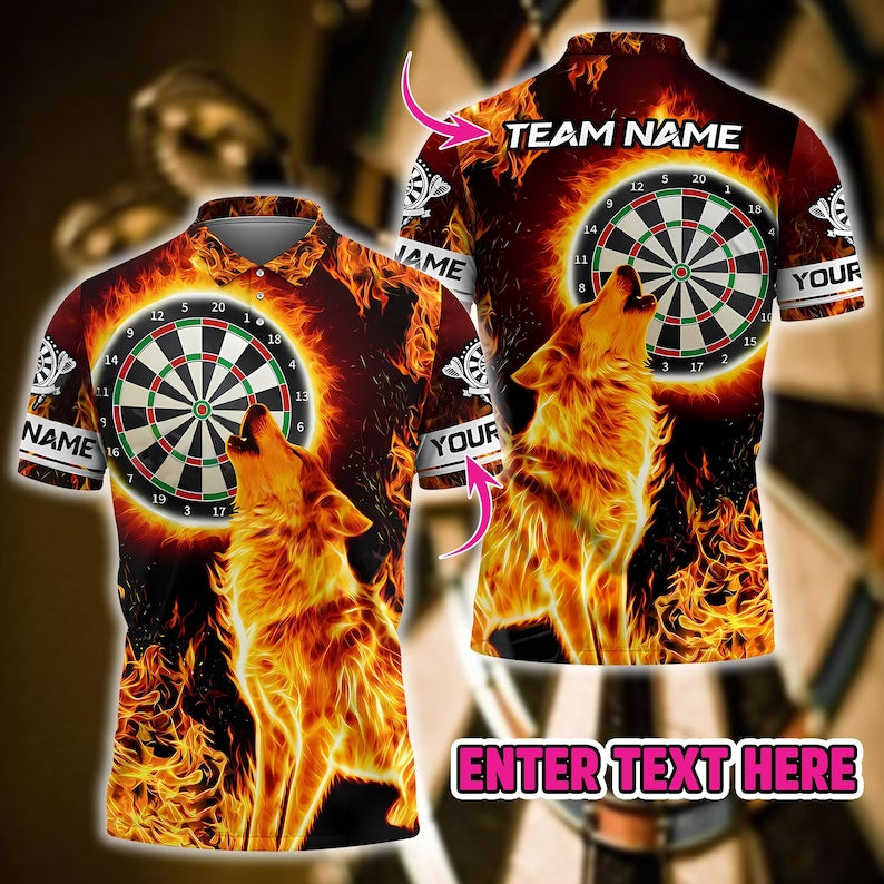 Fire Moonlight Wolf 3D Darts Jersey With Custom Name & Team, Bold Graphic Sportswear For Gift Or Match Day, Shirt For Men Or Dart Teams.