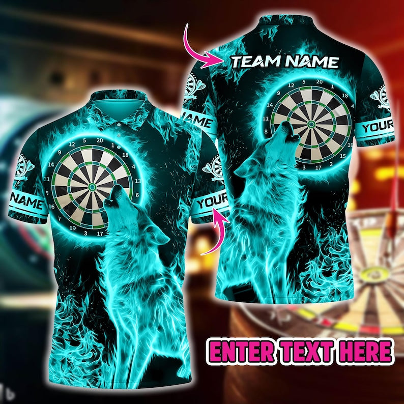 Fire Moonlight Wolf 3D Darts Jersey With Custom Name & Team, Bold Graphic Sportswear For Gift Or Match Day, Shirt For Men Or Dart Teams.