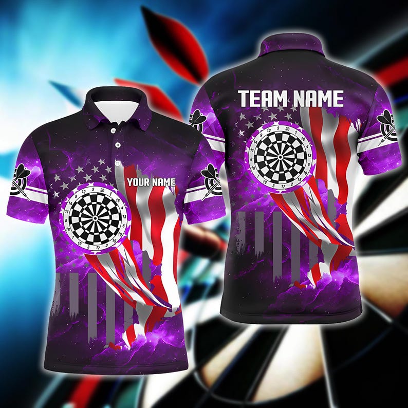 USA Flag Darts Polo Shirt With Dartboard & Custom Name, Patriotic Sportswear For Gift Or Game Day, Polo Or Zip Shirt For Men Or Teams.