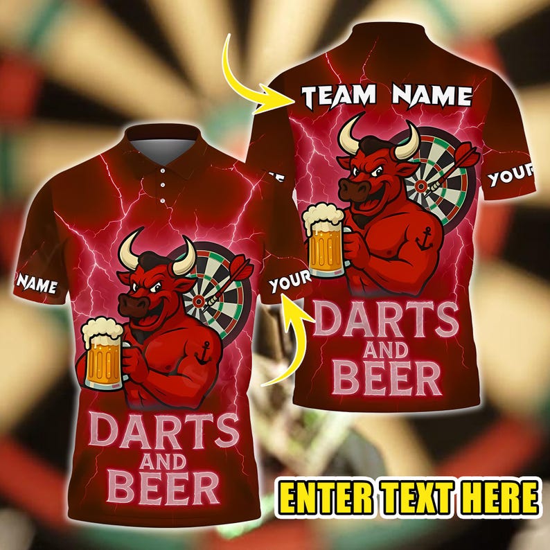 Custom Darts Beer Bull Thunder Polo Shirt, Custom Name & Design Polo Shirt, 3D Over Print Beer Design, Gift For Team, Dad Gift.