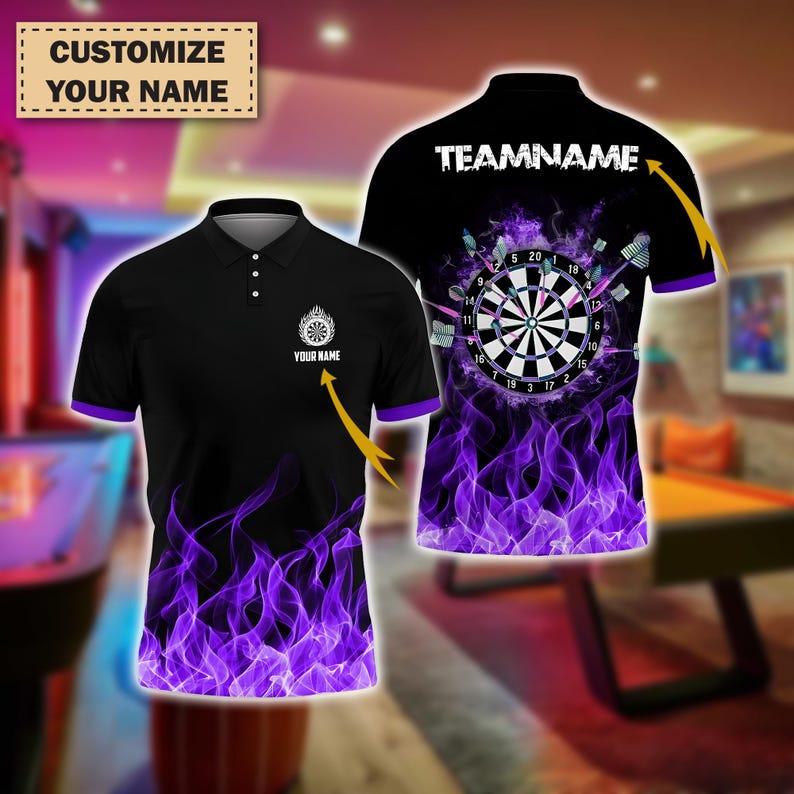 Custom Darts Polo Shirt, Fire Dartboard Design, Personalized Name & Team Polo Shirt, Gift for Men And Teams, Gift For Him.