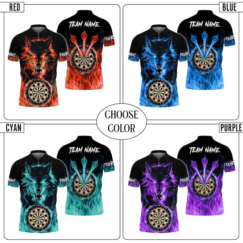 Custom Wolf & Fire Flame Darts 3D Polo Shirt, Custom Name and Team, Multicolor Polo, Gift For Team, Dad Gift.