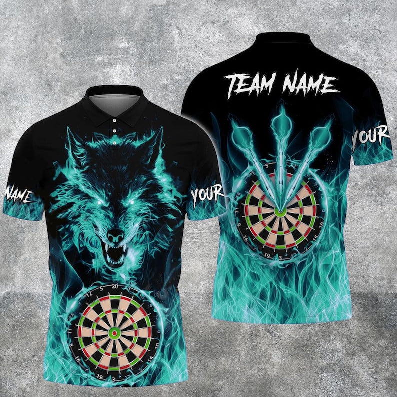 Custom Wolf & Fire Flame Darts 3D Polo Shirt, Custom Name and Team, Multicolor Polo, Gift For Team, Dad Gift.