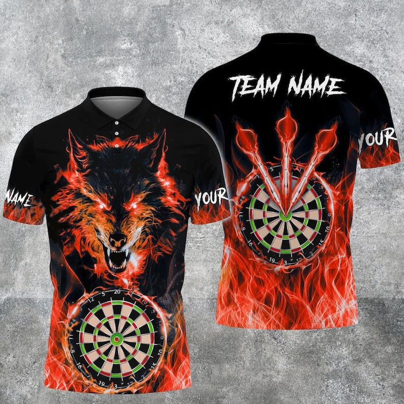 Custom Wolf & Fire Flame Darts 3D Polo Shirt, Custom Name and Team, Multicolor Polo, Gift For Team, Dad Gift.