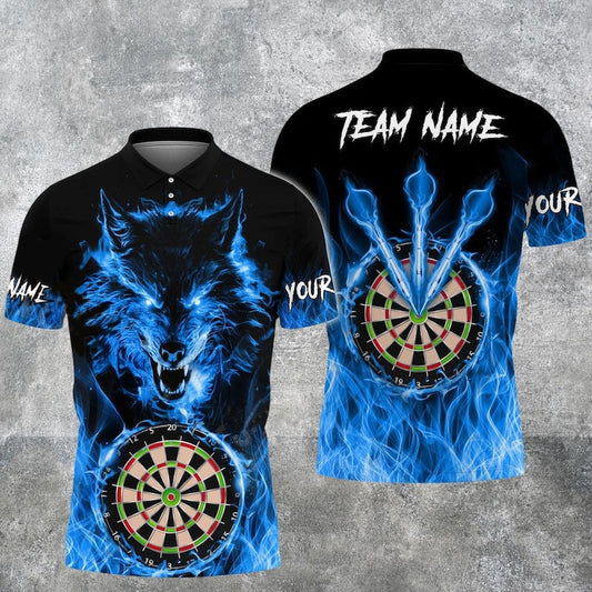 Custom Wolf & Fire Flame Darts 3D Polo Shirt, Custom Name and Team, Multicolor Polo, Gift For Team, Dad Gift.