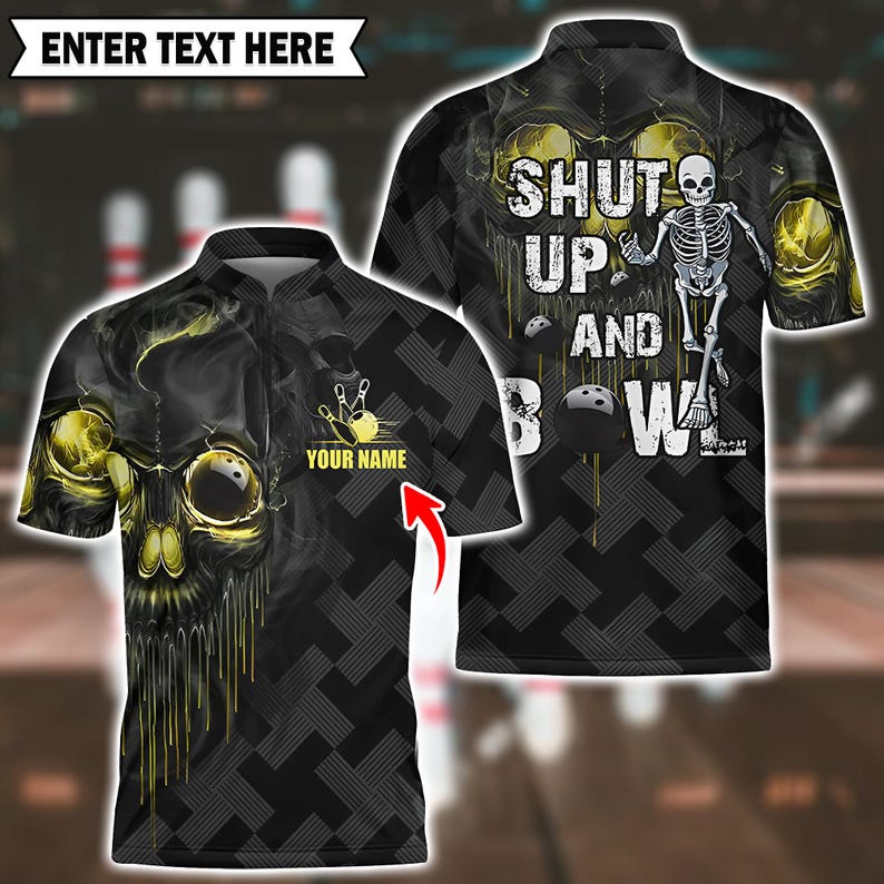 Personalized Skull Bowling Polo, Shut Up and Bowl Skeleton Design, Custom Team Name Jersey, Halloween Bowler Shirt for Men & Women.